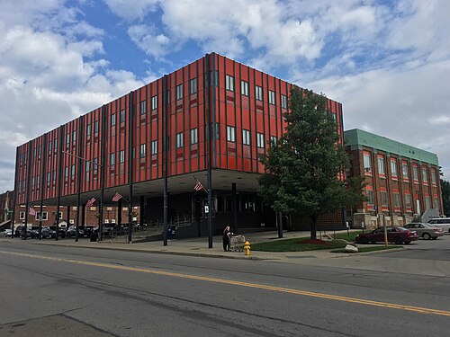 Buffalo and Erie County Botanical Gardens Conservatory, Buffalo, New York — Lackawanna City Hall: modernist addition (left) and 1914 portion of building (right)…