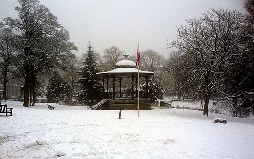 Serre des Pavilion Gardens (The Conservatory), Buxton, Derbyshire — 21st Jan 2015. Buxton Pavilion Gardens Bandstand in the snow. IMG_20150121_123407