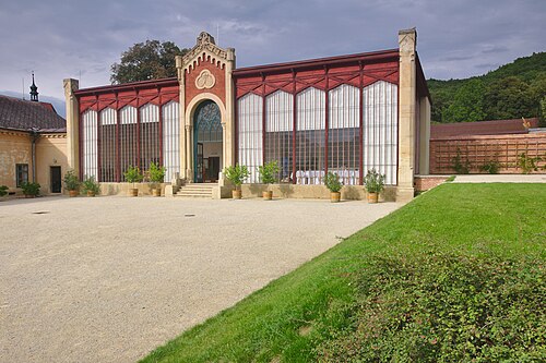 Neugotische Orangerie von Schloss Čechy pod Kosířem (zámecká oranžérie), Čechy pod Kosířem, Region Olomouc — This is a photo of a cultural monument of the Czech Republic , number: