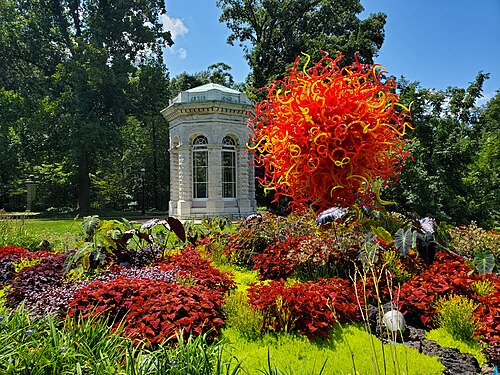 Climatron, St. Louis, Missouri — Henry Shaw Mausoleum at the Missouri Botanical Garden in 2023 with a Dale Chuihuly glass…