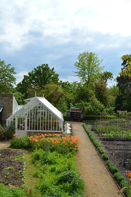 Rekonstruierte viktorianische Glashausreihe, Myddelton House Gardens, Enfield, London — A view across the Myddelton House Kitchen garden including the succulents glasshouse