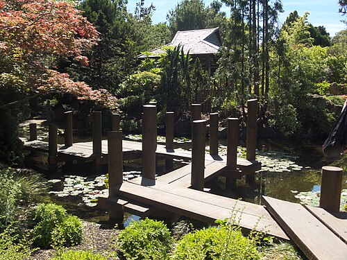 Conservatory des Royal Tasmanian Botanical Gardens, Royal Tasmanian Botanical Gardens, Hobart, Tasmanie — Japanese garden in the Botanical Gardens, Hobart, with pond and wooden footbridge.