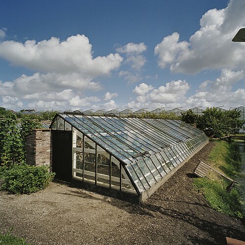 ウェストランド博物館の歴史的温室群（Westlands Museum voor Streek- en Tuinbouwhistorie）, 南ホラント州ホンセラースダイク — Westlands Museum voor Streek- en Tuinbouwhistorie: Overzicht van gebroken kopkas (muurkas)