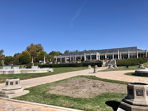 Garfield Park Conservatory & Sunken Garden, Indianapolis, Indiana — This image depicts the Conservatory (background) and Sunken Gardens at Garfield Park in…