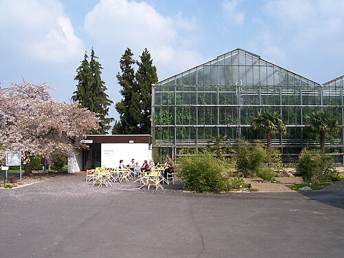 Schaugewächshäuser des Botanischen Gartens Marburg (Lahnberge), Marburg, Hessen — Neuer Botanischer Garten Marburg, Eingang zu den Schaugewächshäusern