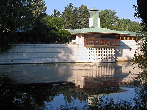 Dow Gardens Conservatory, Midland, Michigan — The rear of the Alden Dow House, Midland, Michigan, USA, facing Dow Gardens