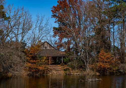 Lucile Halsell Conservatory, San Antonio Botanical Garden, San Antonio, Texas — Old House on a Pond at the San Antonio Botanical Garden