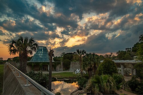 Lucile Halsell Conservatory, San Antonio Botanical Garden, San Antonio, Texas — Lucile Halsell Conservatory at sunset, San Antonio Botanical Gardens.