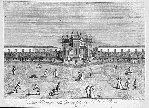 ヴィッラ・ピザーニのオランジェリーと温室, ストラ、ヴェネト — Giovan Francesco Costa, Veduta dell'orangerie nel giardino di Villa Pisani a Stra, 1756…