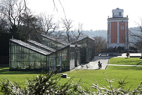ヴッパータール植物園の大温室（Großes Glashaus）とテーマ温室, ヴッパータール（エルバーフェルト、ハルト）、ノルトライン＝ヴェストファーレン州 — Neue Gewächshäuser und Elisenturm im Botanischer Garten in Wuppertal